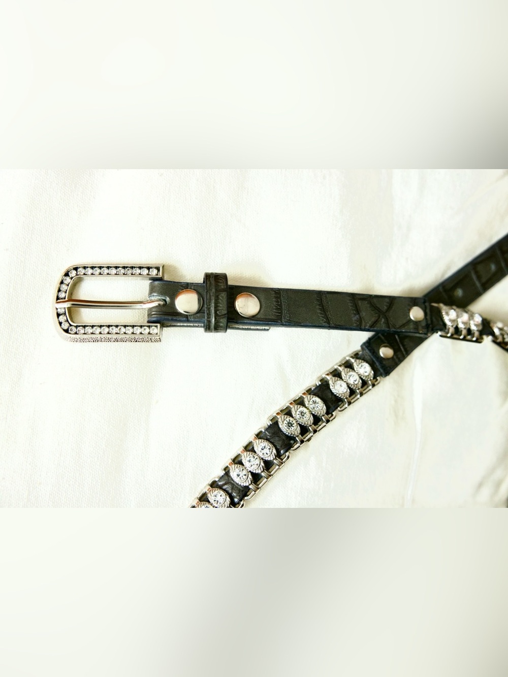 Black Rhinestone-Trim Women's Belt with Embellished Buckle